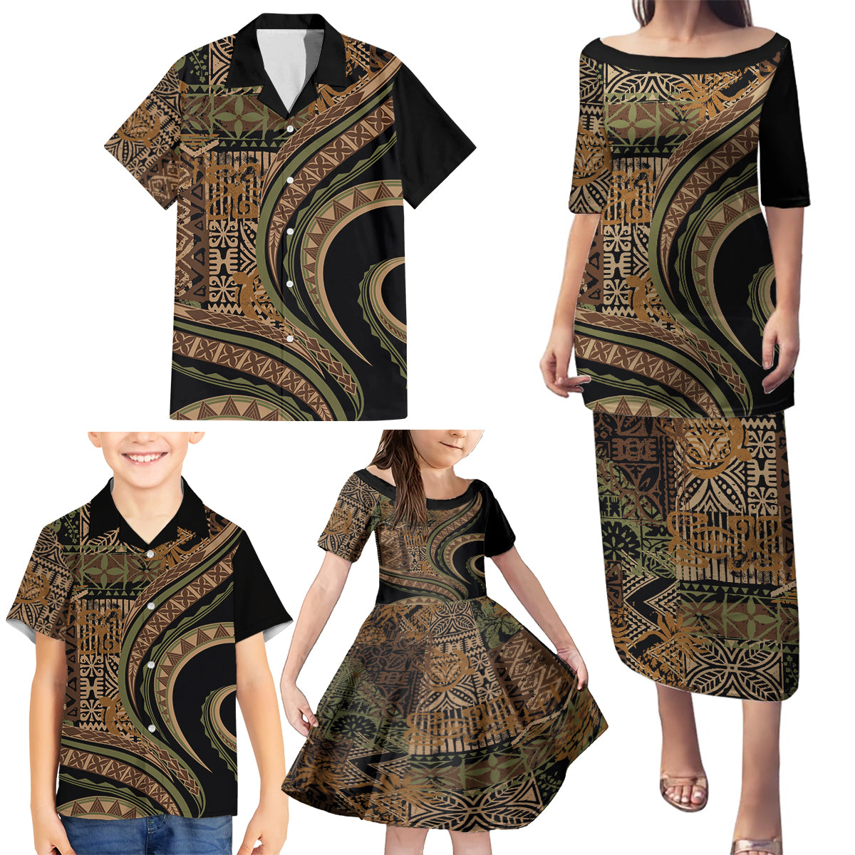 Hawaiian Hibiscus Tribal Vintage Motif Family Matching Puletasi and Hawaiian Shirt Ver 8 LT9 - Polynesian Pride