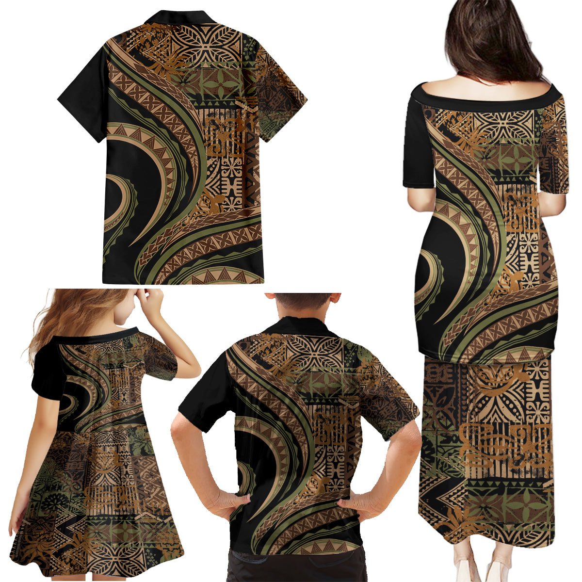 Hawaiian Hibiscus Tribal Vintage Motif Family Matching Puletasi and Hawaiian Shirt Ver 8 LT9 - Polynesian Pride