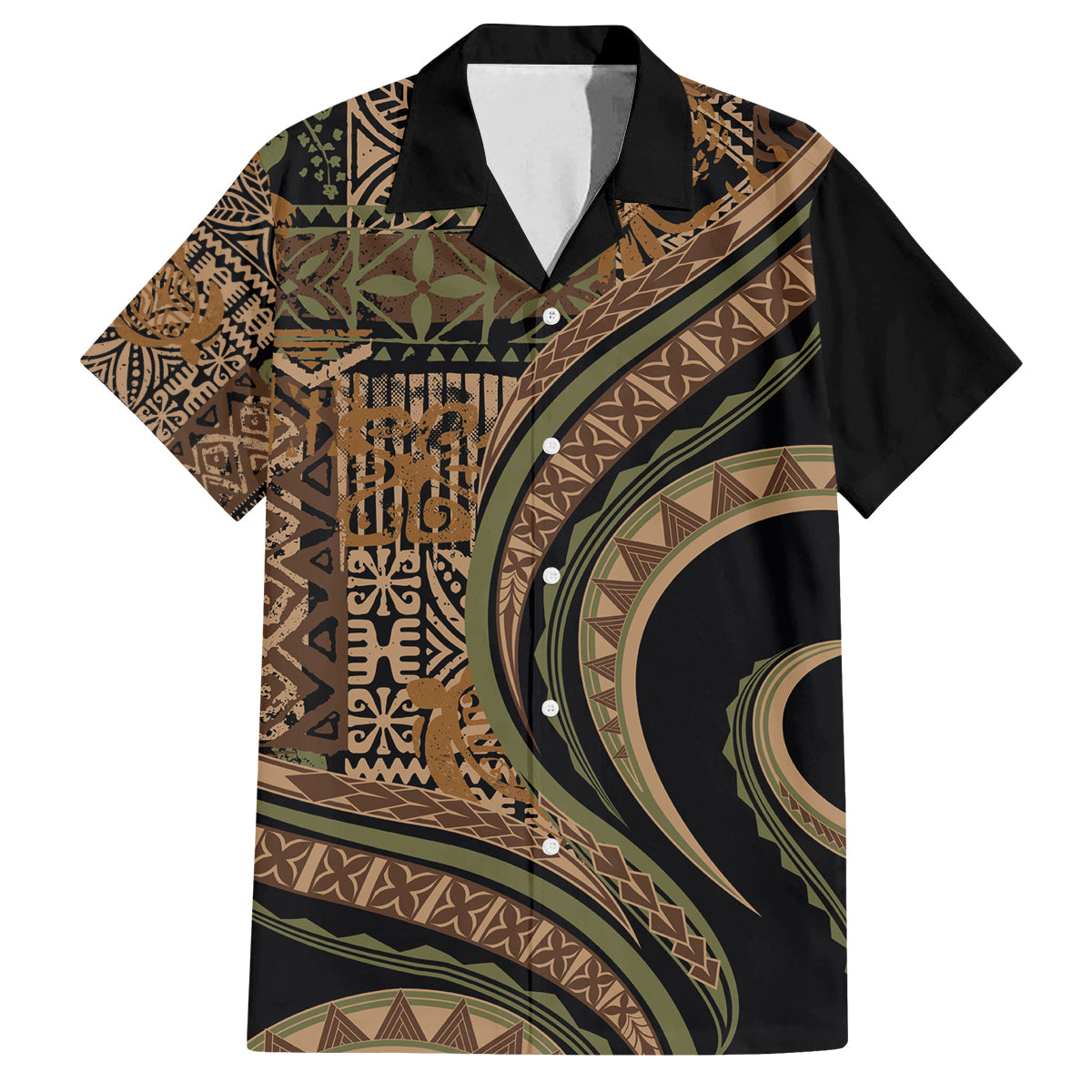 Hawaiian Hibiscus Tribal Vintage Motif Family Matching Puletasi and Hawaiian Shirt Ver 8 LT9 Dad's Shirt - Short Sleeve Brown - Polynesian Pride