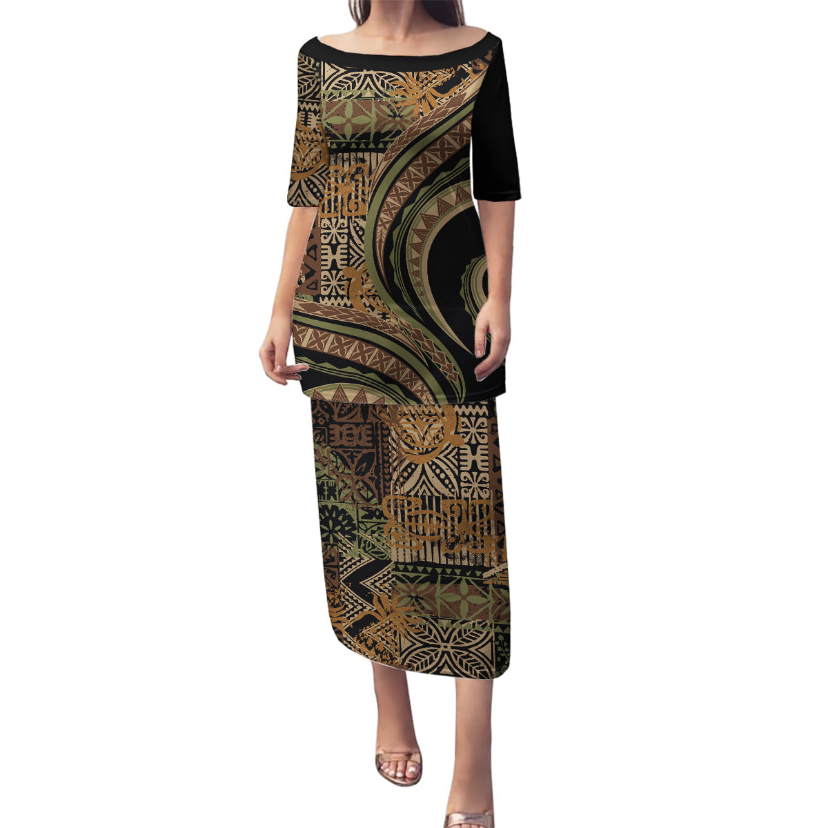 Hawaiian Hibiscus Tribal Vintage Motif Family Matching Puletasi and Hawaiian Shirt Ver 8 LT9 Mom's Dress Brown - Polynesian Pride