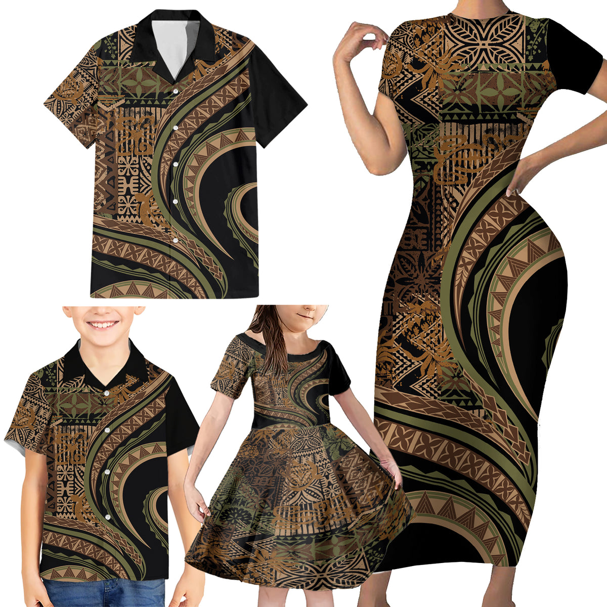 Hawaiian Hibiscus Tribal Vintage Motif Family Matching Short Sleeve Bodycon Dress and Hawaiian Shirt Ver 8 LT9 - Polynesian Pride