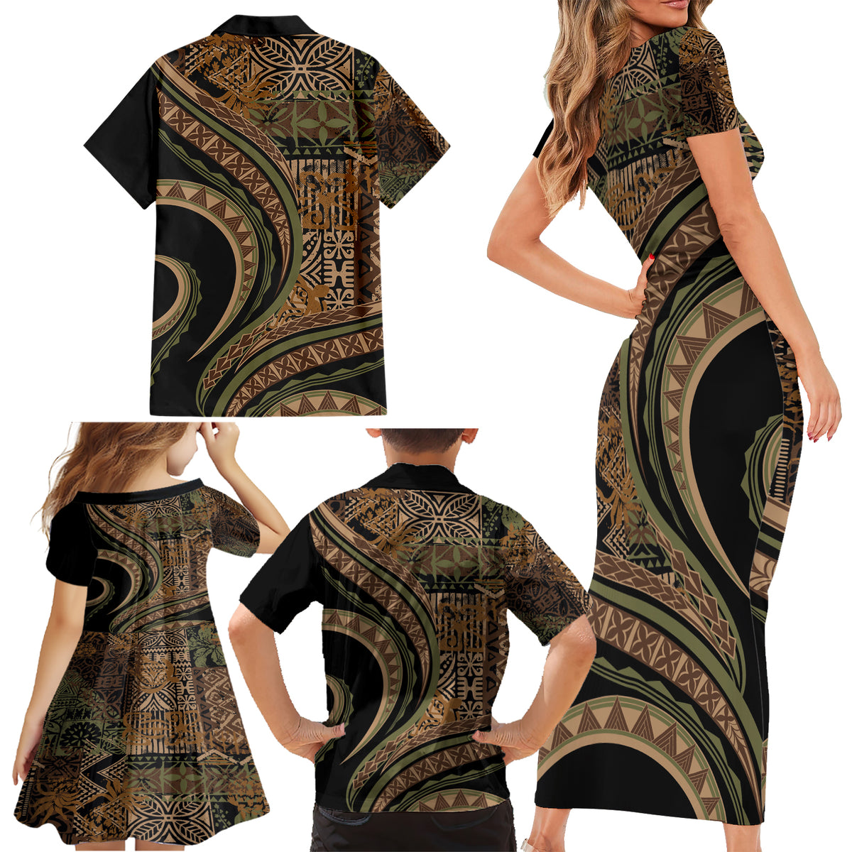 Hawaiian Hibiscus Tribal Vintage Motif Family Matching Short Sleeve Bodycon Dress and Hawaiian Shirt Ver 8 LT9 - Polynesian Pride
