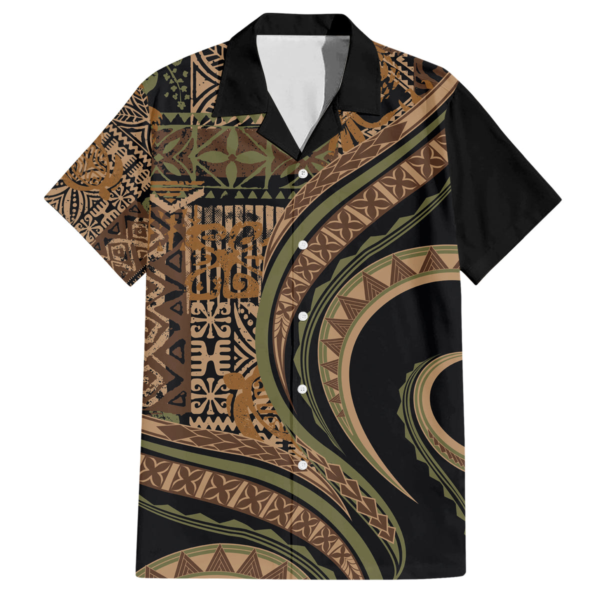 Hawaiian Hibiscus Tribal Vintage Motif Family Matching Short Sleeve Bodycon Dress and Hawaiian Shirt Ver 8 LT9 Dad's Shirt - Short Sleeve Brown - Polynesian Pride