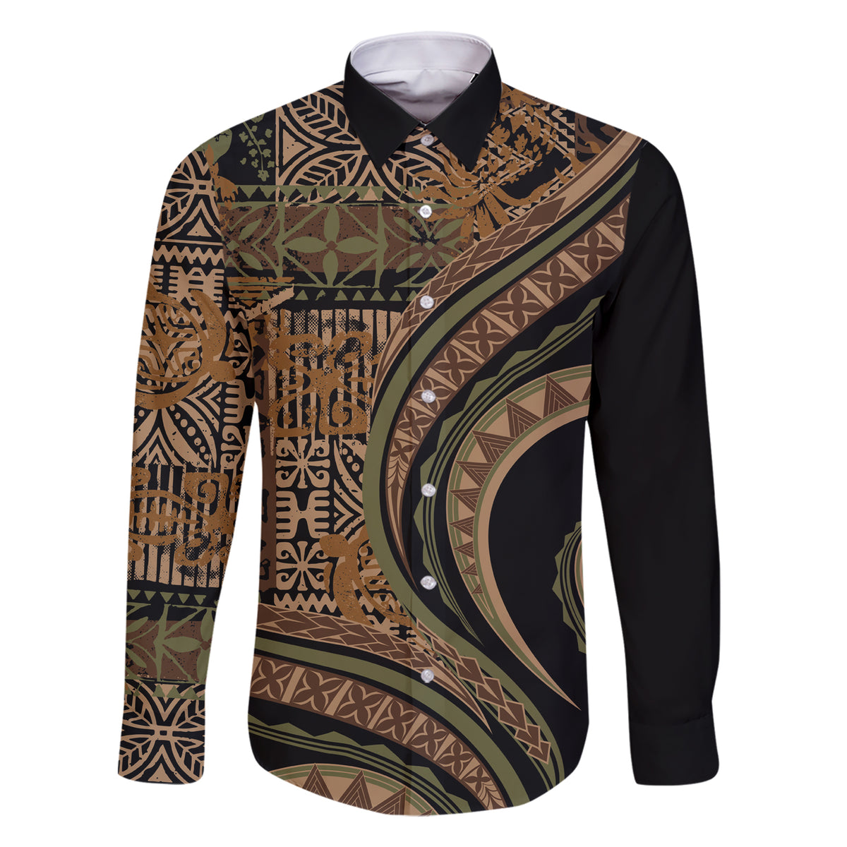 Hawaiian Hibiscus Tribal Vintage Motif Family Matching Short Sleeve Bodycon Dress and Hawaiian Shirt Ver 8 LT9 Dad's Shirt - Long Sleeve Brown - Polynesian Pride