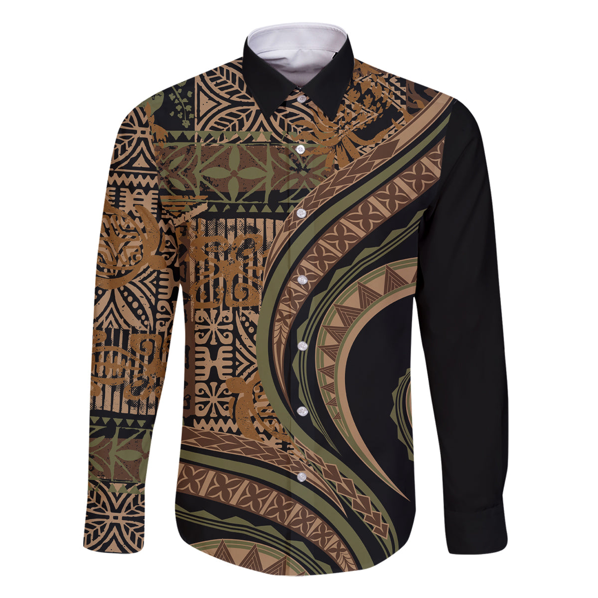 Hawaiian Hibiscus Tribal Vintage Motif Family Matching Summer Maxi Dress and Hawaiian Shirt Ver 8 LT9 Dad's Shirt - Long Sleeve Brown - Polynesian Pride