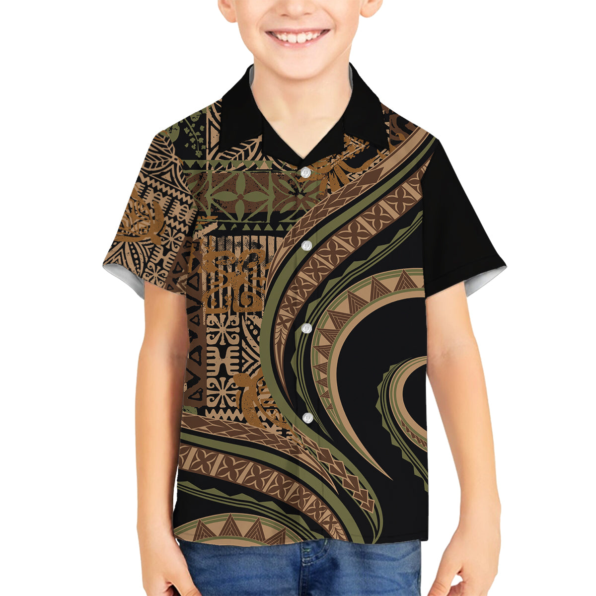 Hawaiian Hibiscus Tribal Vintage Motif Family Matching Summer Maxi Dress and Hawaiian Shirt Ver 8 LT9 Son's Shirt Brown - Polynesian Pride