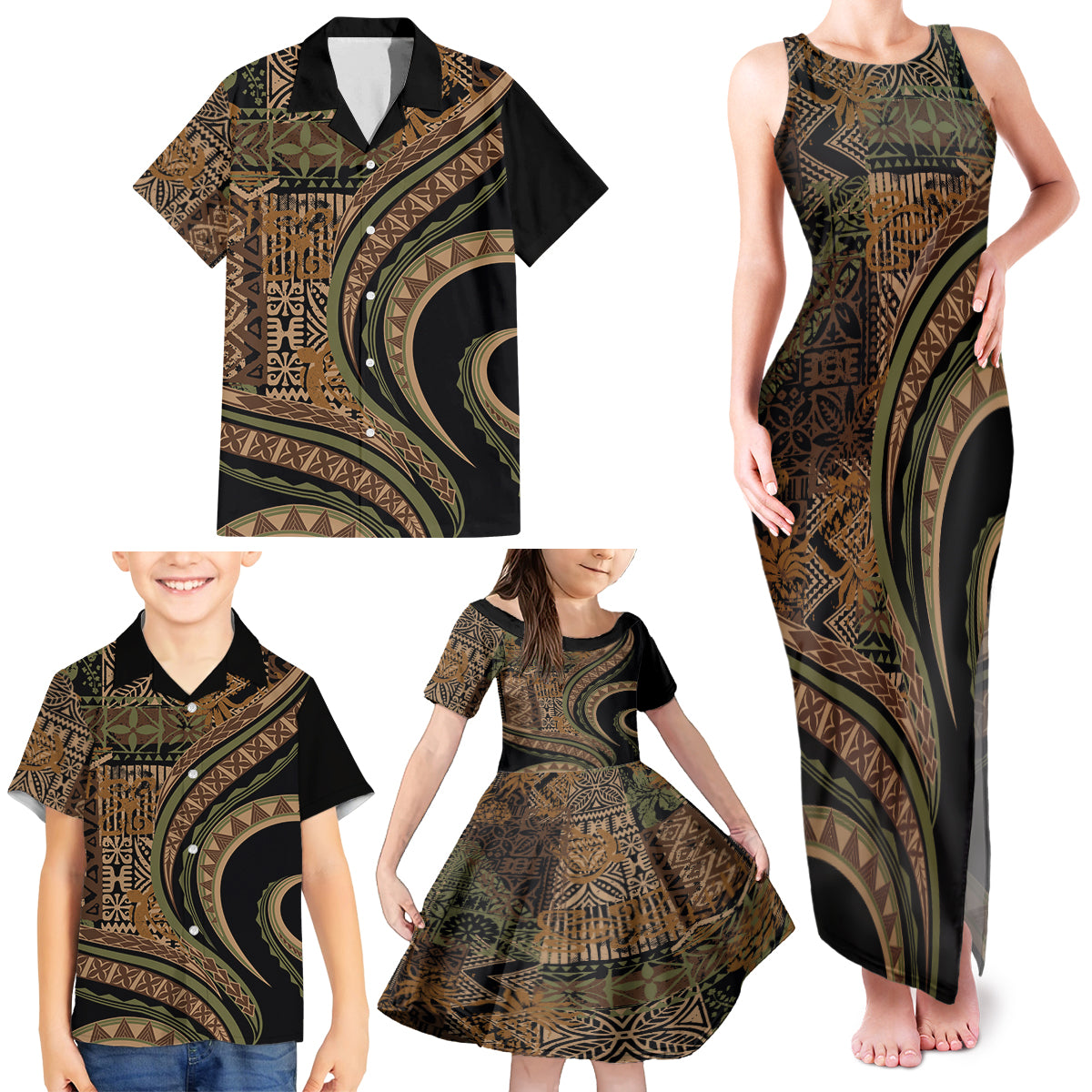 Hawaiian Hibiscus Tribal Vintage Motif Family Matching Tank Maxi Dress and Hawaiian Shirt Ver 8 LT9 - Polynesian Pride