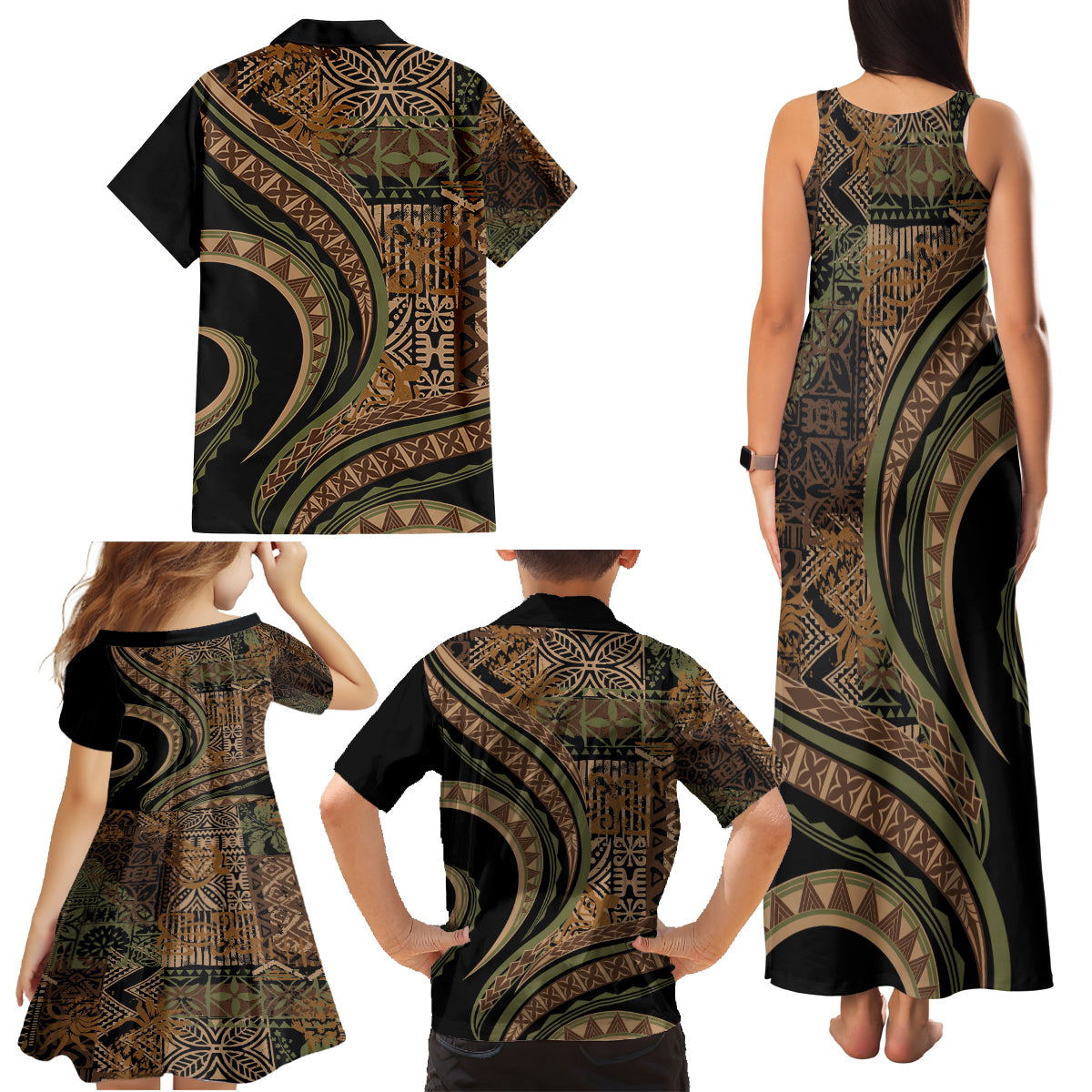 Hawaiian Hibiscus Tribal Vintage Motif Family Matching Tank Maxi Dress and Hawaiian Shirt Ver 8 LT9 - Polynesian Pride