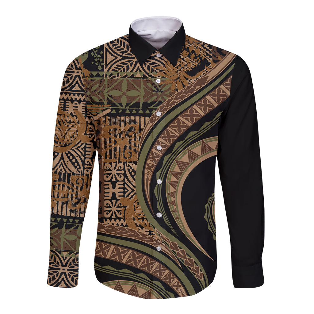 Hawaiian Hibiscus Tribal Vintage Motif Long Sleeve Button Shirt Ver 8 LT9 Unisex Brown - Polynesian Pride