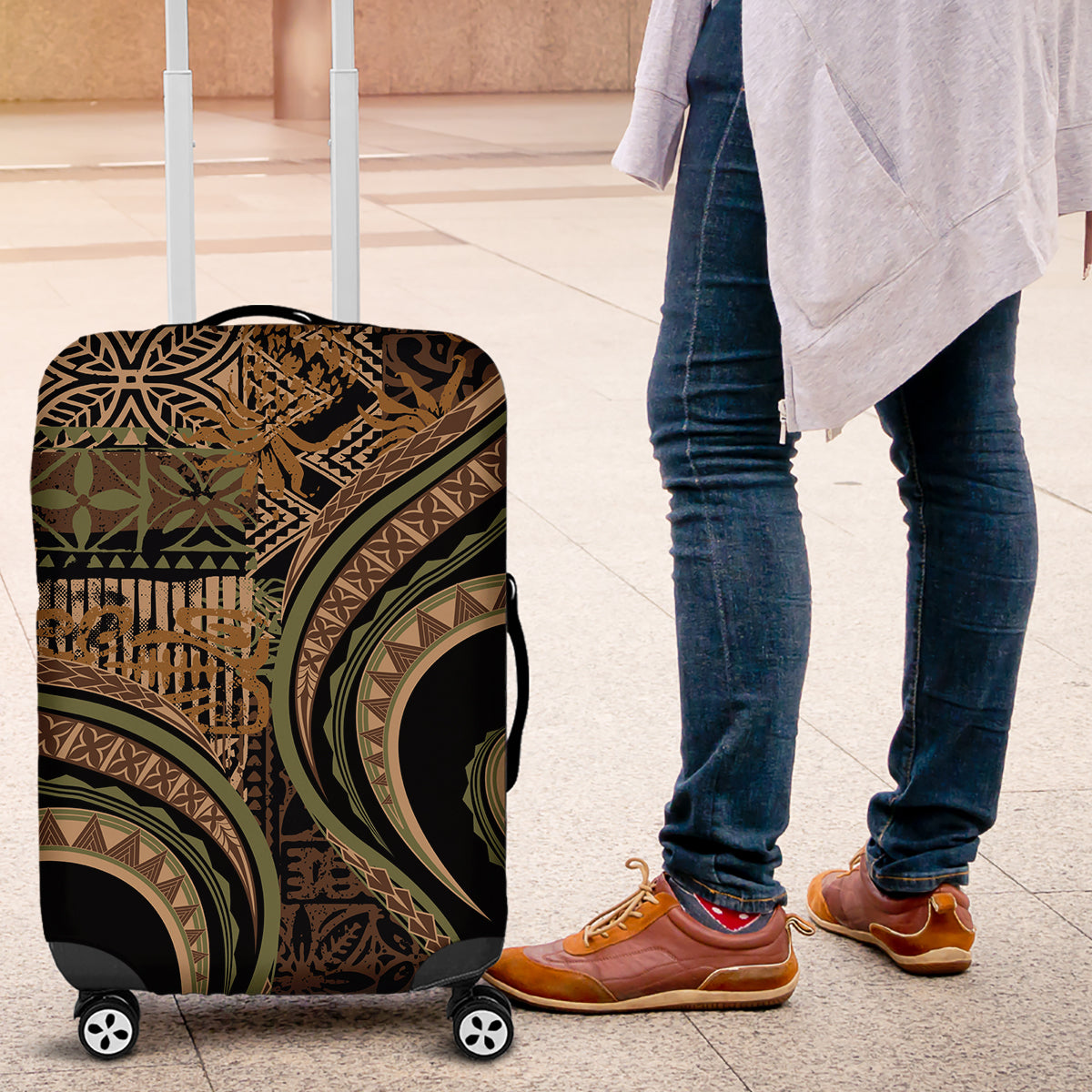 Hawaiian Hibiscus Tribal Vintage Motif Luggage Cover Ver 8 LT9 Brown - Polynesian Pride