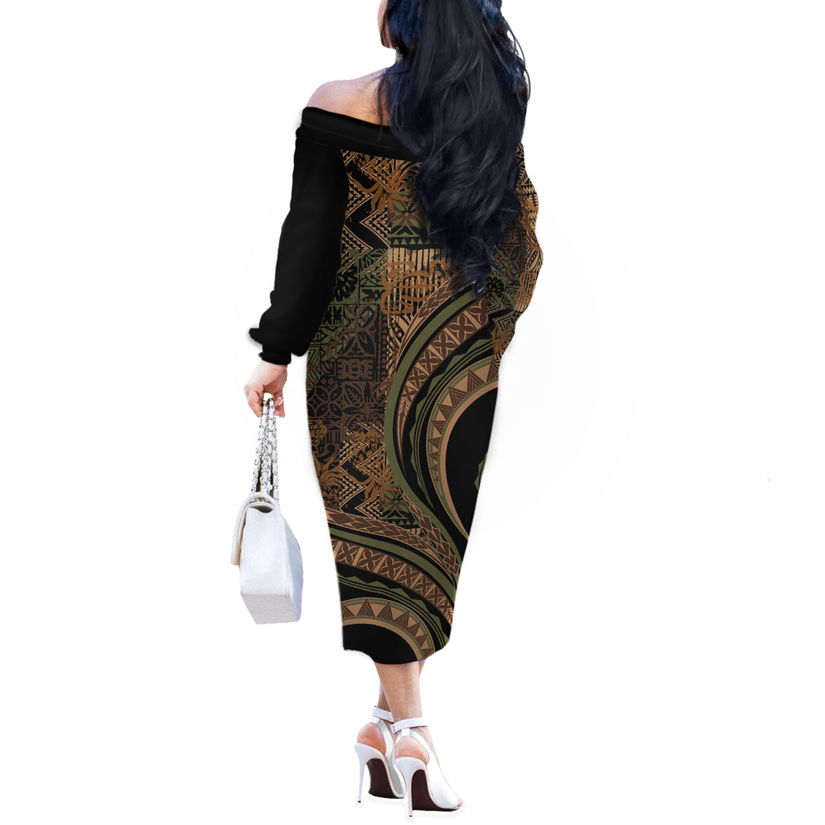 Hawaiian Hibiscus Tribal Vintage Motif Off The Shoulder Long Sleeve Dress Ver 8