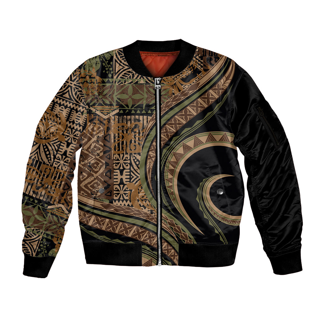 Hawaiian Hibiscus Tribal Vintage Motif Sleeve Zip Bomber Jacket Ver 8 LT9 Unisex Brown - Polynesian Pride
