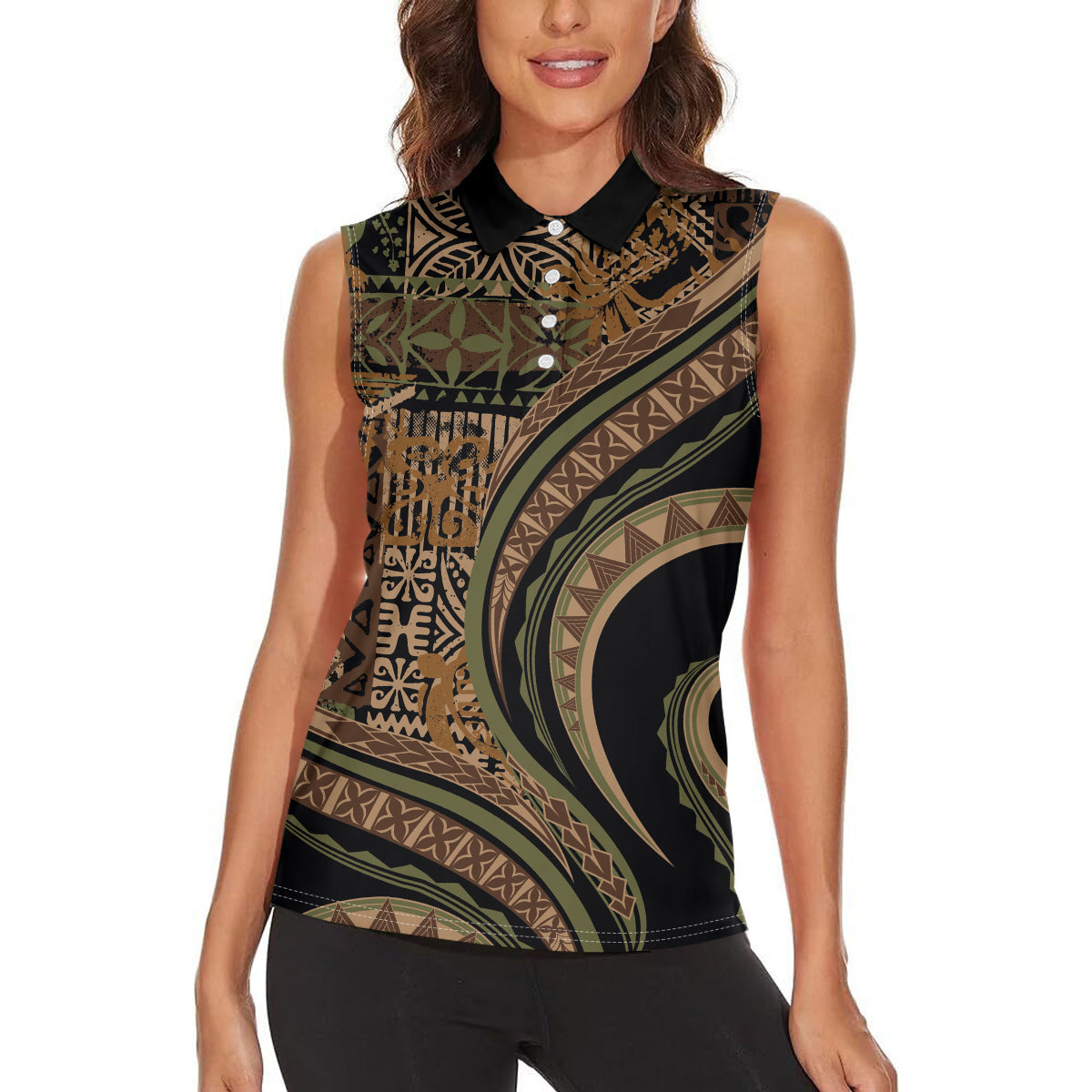Hawaiian Hibiscus Tribal Vintage Motif Women Sleeveless Polo Shirt Ver 8