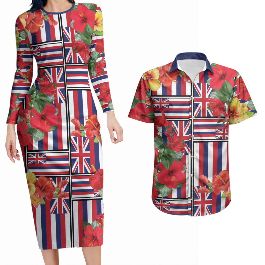 Hawaii Hibiscus Lei Couples Matching Long Sleeve Bodycon Dress and Hawaiian Shirt Hawaiian Flag Motif LT9 Red - Polynesian Pride