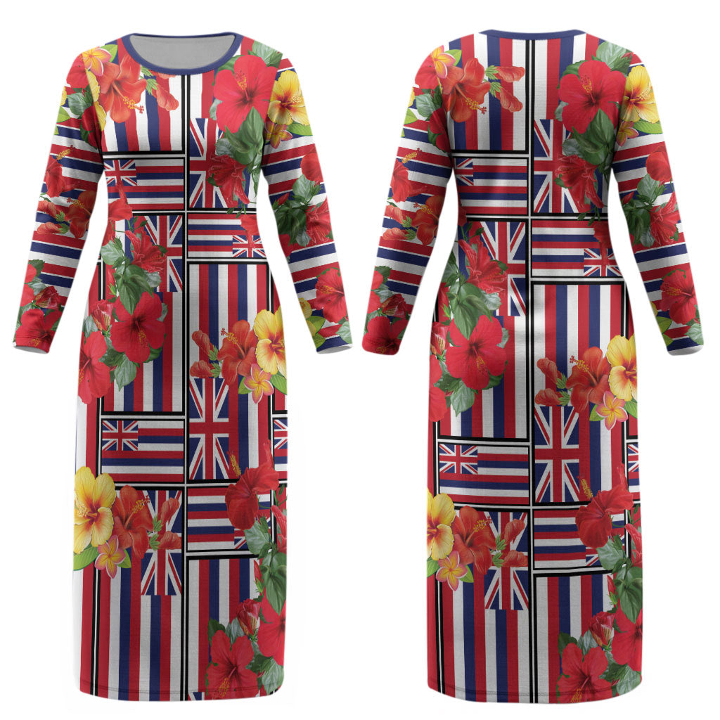 Hawaii Hibiscus Lei Couples Matching Long Sleeve Bodycon Dress and Hawaiian Shirt Hawaiian Flag Motif LT9 - Polynesian Pride