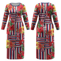 Hawaii Hibiscus Lei Couples Matching Long Sleeve Bodycon Dress and Hawaiian Shirt Hawaiian Flag Motif LT9 - Polynesian Pride