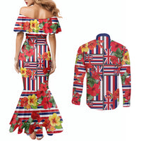 Hawaii Hibiscus Lei Couples Matching Mermaid Dress and Long Sleeve Button Shirt Hawaiian Flag Motif