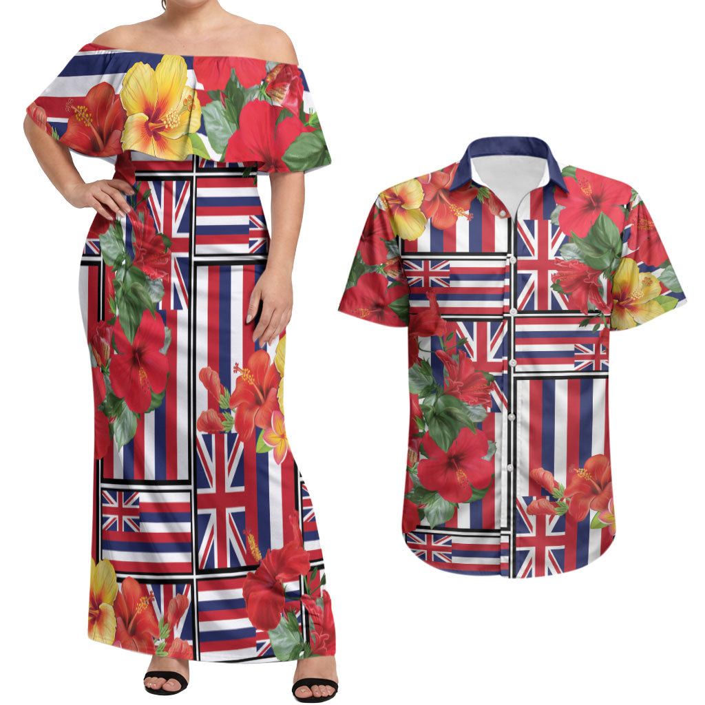 Hawaii Hibiscus Lei Couples Matching Off Shoulder Maxi Dress and Hawaiian Shirt Hawaiian Flag Motif LT9 Red - Polynesian Pride