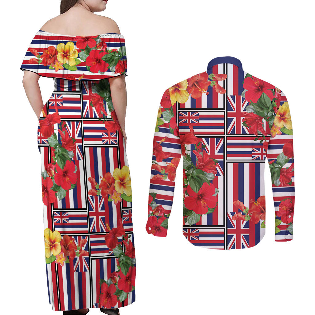 Hawaii Hibiscus Lei Couples Matching Off Shoulder Maxi Dress and Long Sleeve Button Shirt Hawaiian Flag Motif