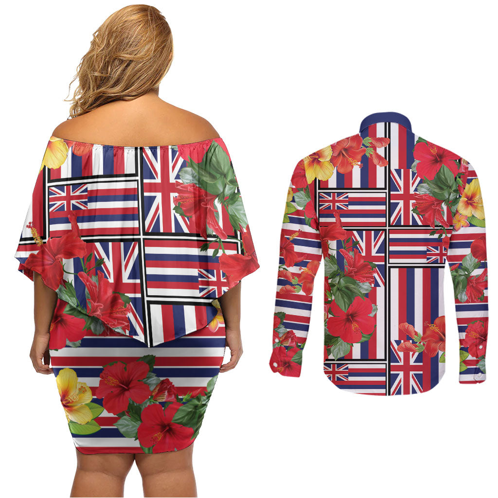 Hawaii Hibiscus Lei Couples Matching Off Shoulder Short Dress and Long Sleeve Button Shirt Hawaiian Flag Motif