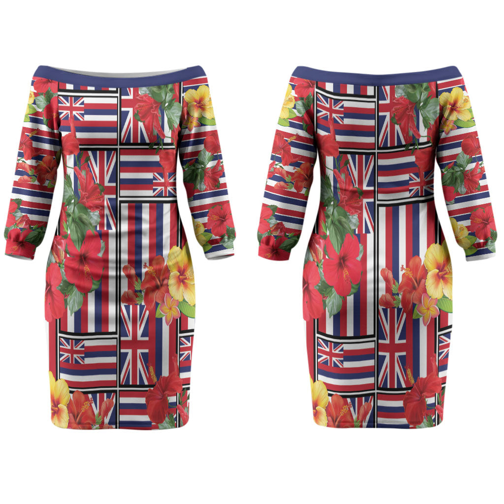 Hawaii Hibiscus Lei Couples Matching Off The Shoulder Long Sleeve Dress and Long Sleeve Button Shirt Hawaiian Flag Motif LT9 - Polynesian Pride