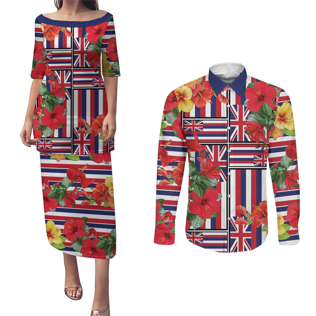 Hawaii Hibiscus Lei Couples Matching Puletasi and Long Sleeve Button Shirt Hawaiian Flag Motif
