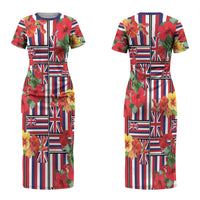 Hawaii Hibiscus Lei Couples Matching Short Sleeve Bodycon Dress and Long Sleeve Button Shirt Hawaiian Flag Motif LT9 - Polynesian Pride
