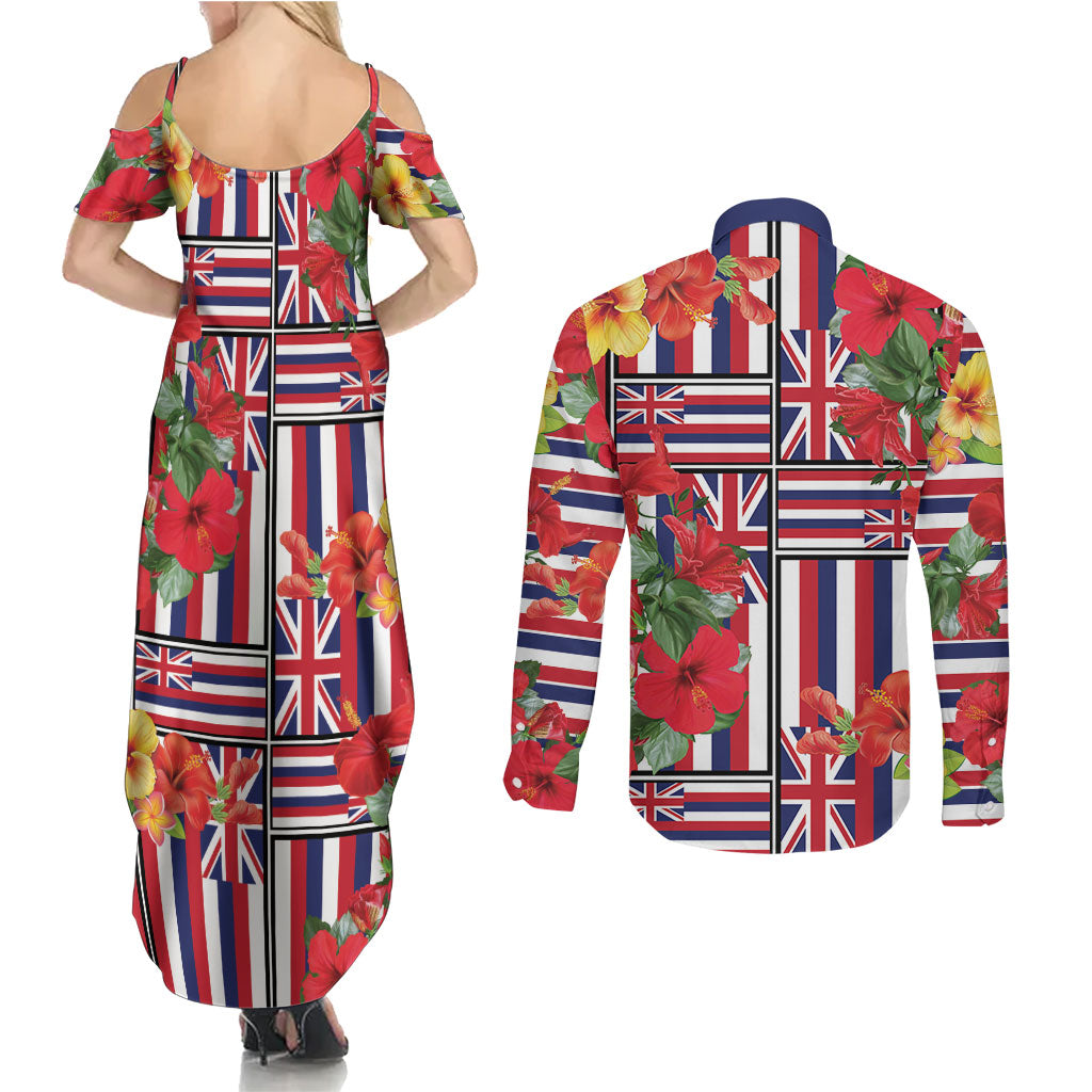 Hawaii Hibiscus Lei Couples Matching Summer Maxi Dress and Long Sleeve Button Shirt Hawaiian Flag Motif