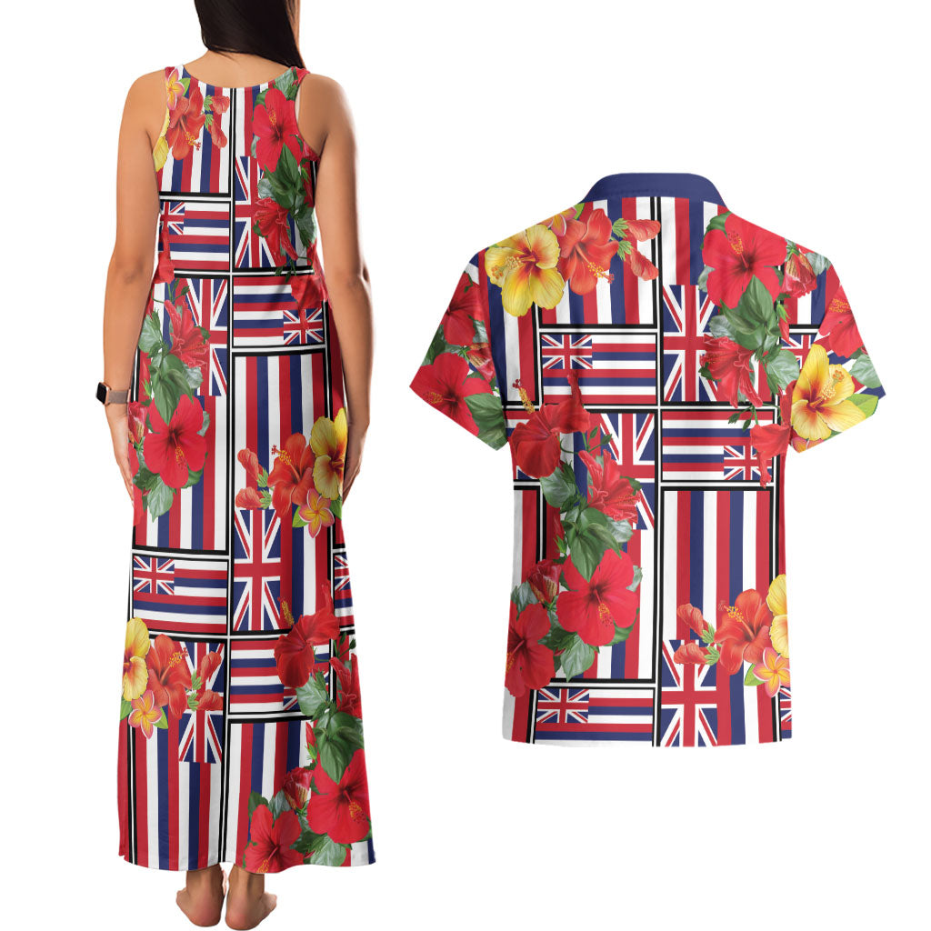 Hawaii Hibiscus Lei Couples Matching Tank Maxi Dress and Hawaiian Shirt Hawaiian Flag Motif