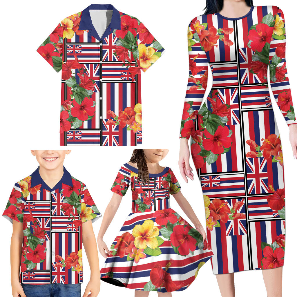 Hawaii Hibiscus Lei Family Matching Long Sleeve Bodycon Dress and Hawaiian Shirt Hawaiian Flag Motif LT9 - Polynesian Pride