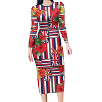 Hawaii Hibiscus Lei Family Matching Long Sleeve Bodycon Dress and Hawaiian Shirt Hawaiian Flag Motif LT9 Mom's Dress Red - Polynesian Pride