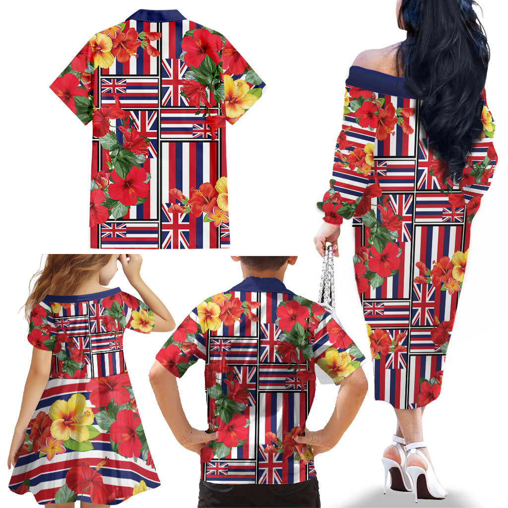 Hawaii Hibiscus Lei Family Matching Off The Shoulder Long Sleeve Dress and Hawaiian Shirt Hawaiian Flag Motif LT9 - Polynesian Pride