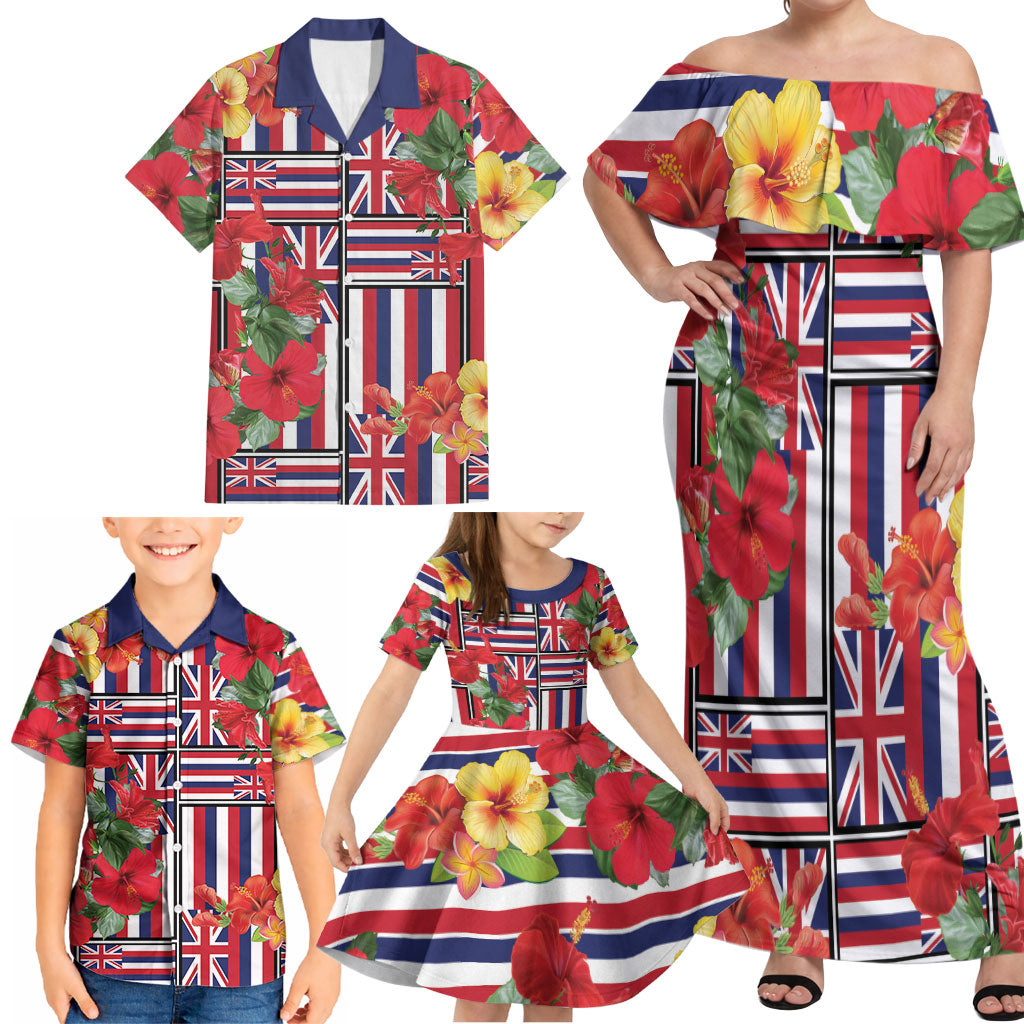 Hawaii Hibiscus Lei Family Matching Off Shoulder Maxi Dress and Hawaiian Shirt Hawaiian Flag Motif LT9 - Polynesian Pride