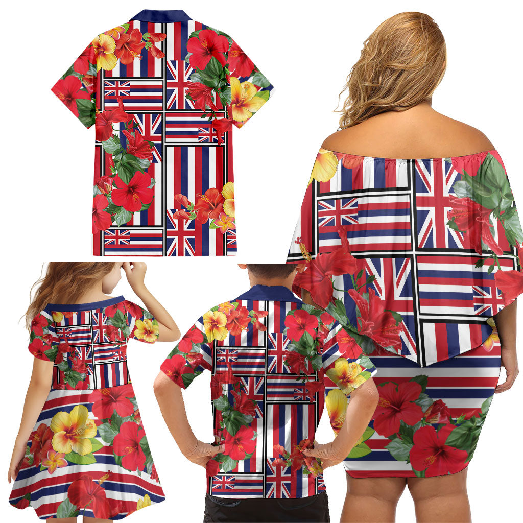 Hawaii Hibiscus Lei Family Matching Off Shoulder Short Dress and Hawaiian Shirt Hawaiian Flag Motif LT9 - Polynesian Pride