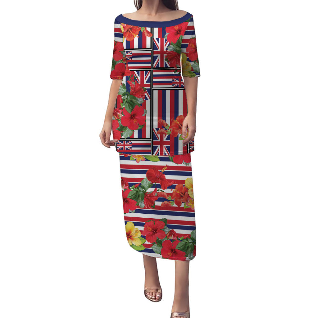 Hawaii Hibiscus Lei Family Matching Puletasi and Hawaiian Shirt Hawaiian Flag Motif LT9 Mom's Dress Red - Polynesian Pride