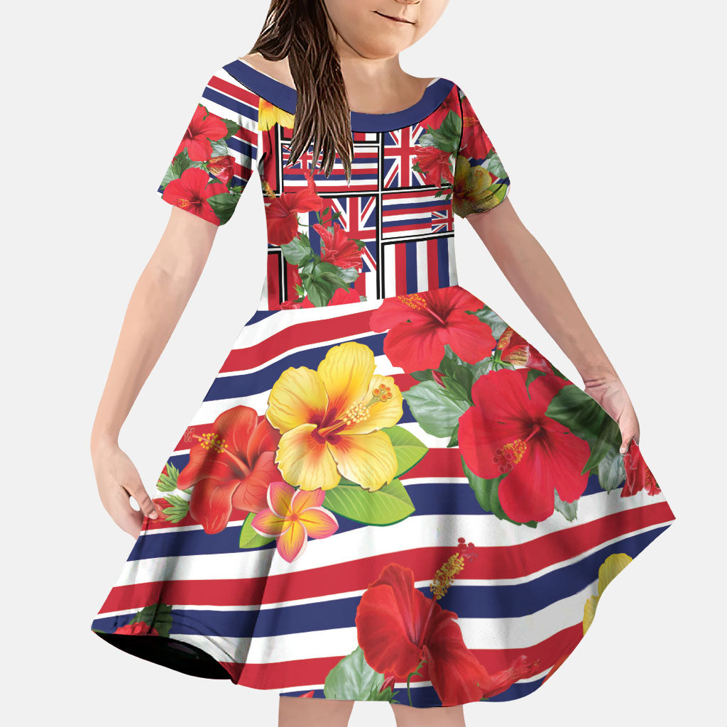 Hawaii Hibiscus Lei Family Matching Short Sleeve Bodycon Dress and Hawaiian Shirt Hawaiian Flag Motif LT9 Daughter's Dress Red - Polynesian Pride