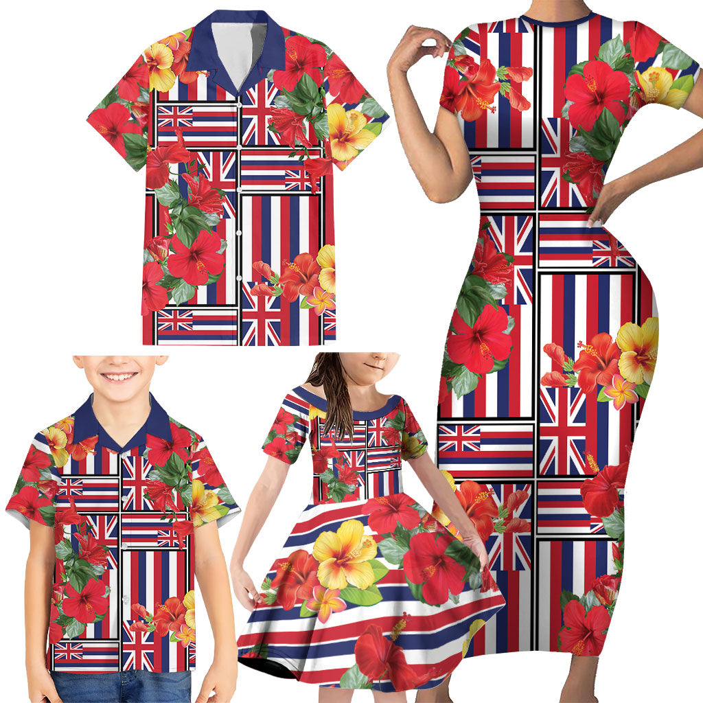 Hawaii Hibiscus Lei Family Matching Short Sleeve Bodycon Dress and Hawaiian Shirt Hawaiian Flag Motif LT9 - Polynesian Pride