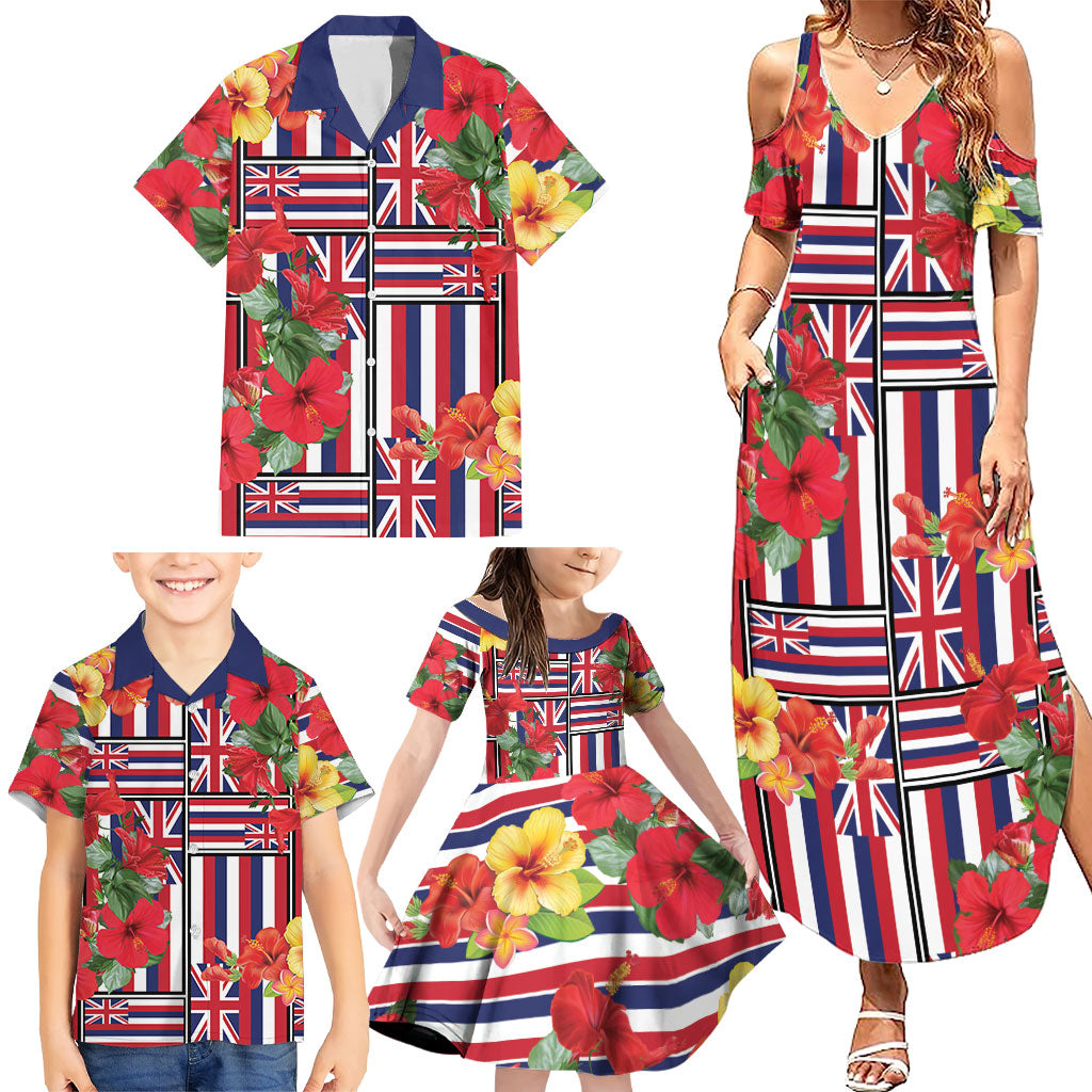 Hawaii Hibiscus Lei Family Matching Summer Maxi Dress and Hawaiian Shirt Hawaiian Flag Motif LT9 - Polynesian Pride