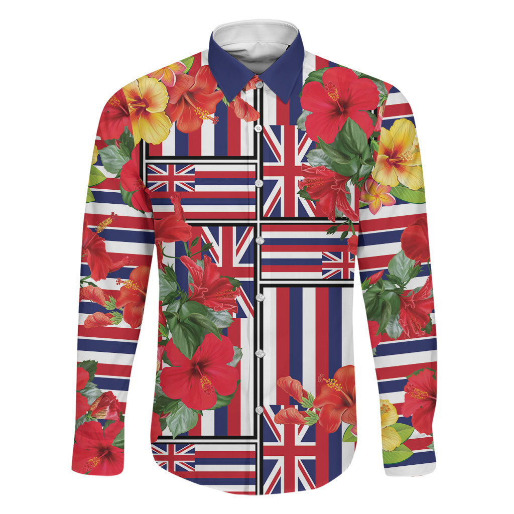 Hawaii Hibiscus Lei Family Matching Tank Maxi Dress and Hawaiian Shirt Hawaiian Flag Motif LT9 Dad's Shirt - Long Sleeve Red - Polynesian Pride