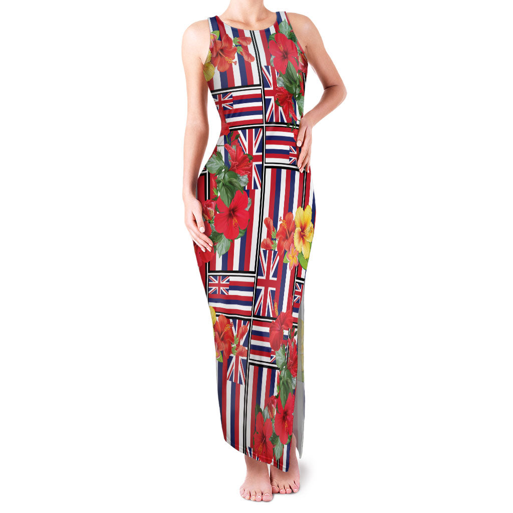 Hawaii Hibiscus Lei Family Matching Tank Maxi Dress and Hawaiian Shirt Hawaiian Flag Motif LT9 Mom's Dress Red - Polynesian Pride