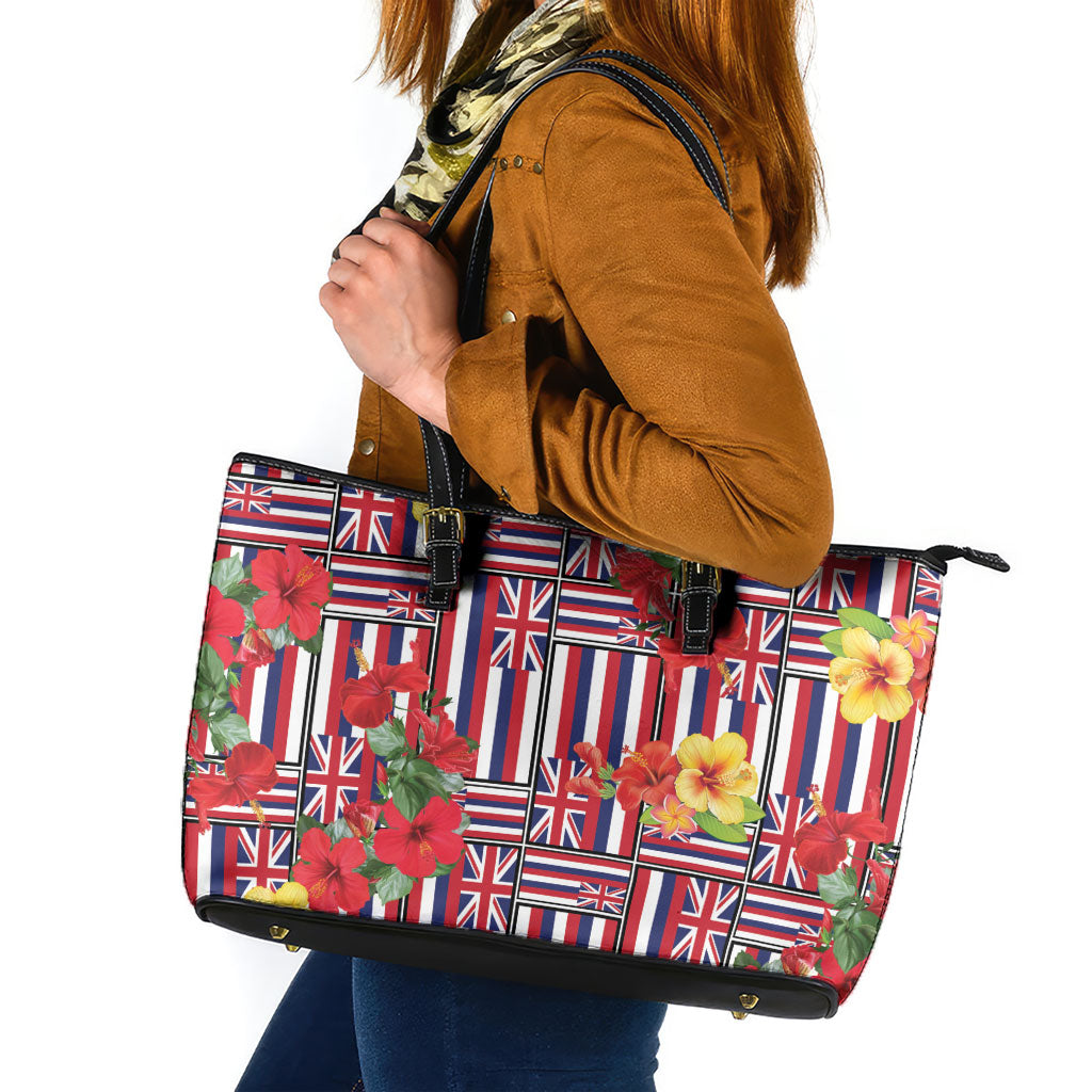 Hawaii Hibiscus Lei Leather Tote Bag Hawaiian Flag Motif LT9 Red - Polynesian Pride