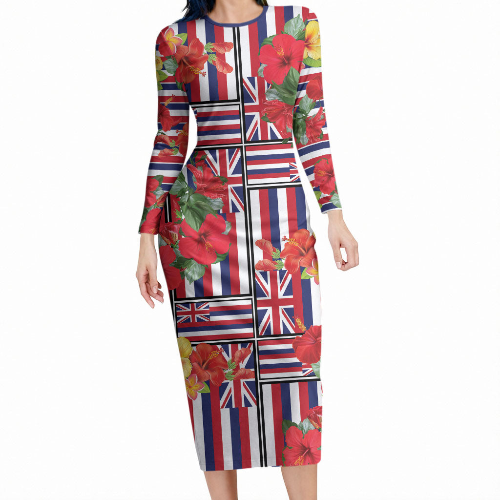 Hawaii Hibiscus Lei Long Sleeve Bodycon Dress Hawaiian Flag Motif LT9 Long Dress Red - Polynesian Pride