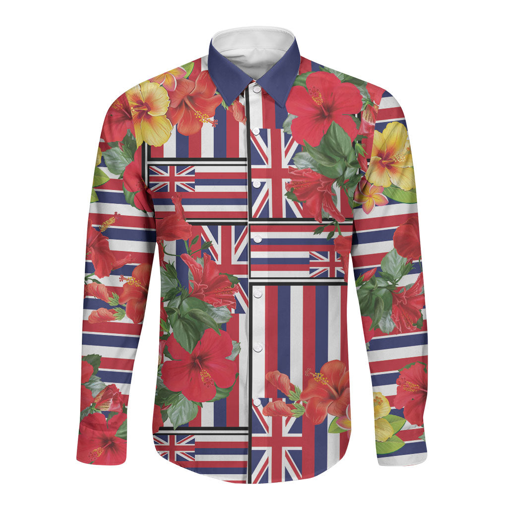 Hawaii Hibiscus Lei Long Sleeve Button Shirt Hawaiian Flag Motif LT9 Unisex Red - Polynesian Pride