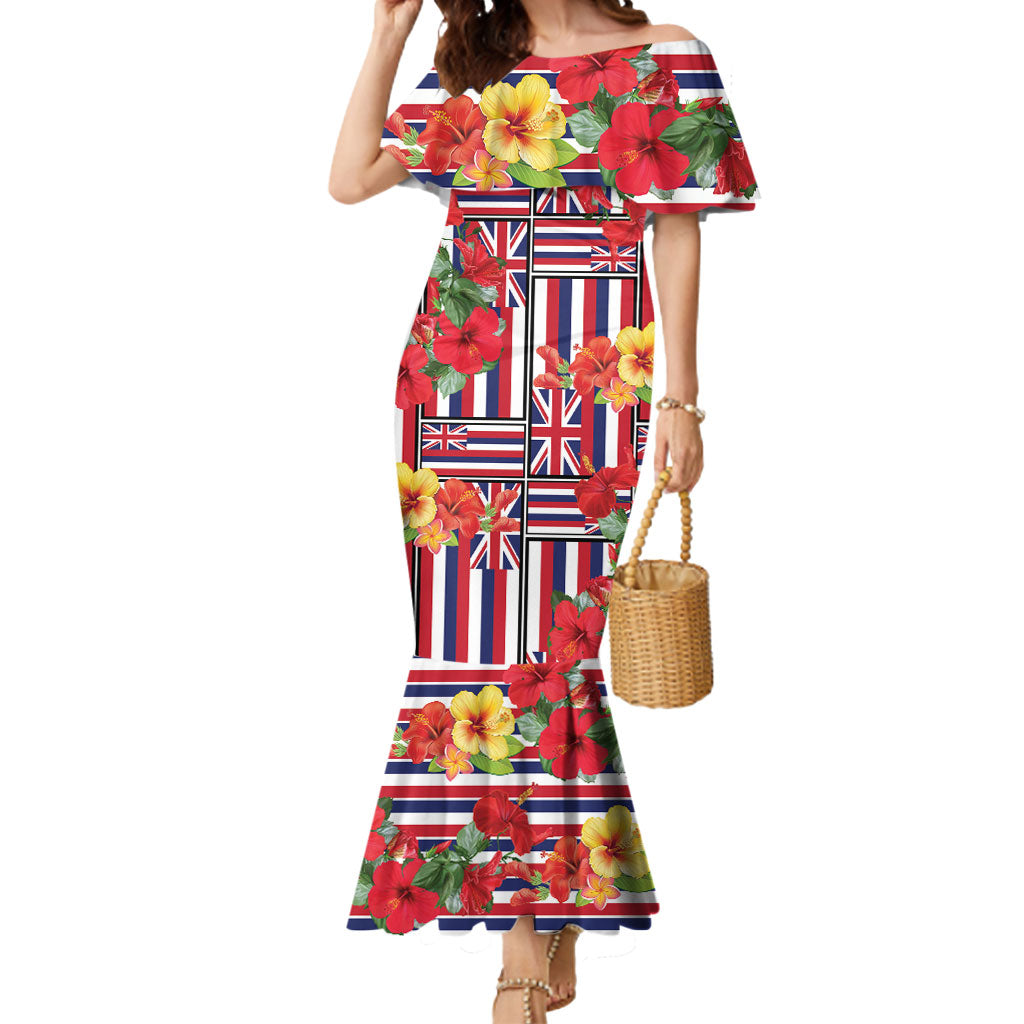 Hawaii Hibiscus Lei Mermaid Dress Hawaiian Flag Motif LT9 Women Red - Polynesian Pride