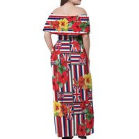 Hawaii Hibiscus Lei Off Shoulder Maxi Dress Hawaiian Flag Motif