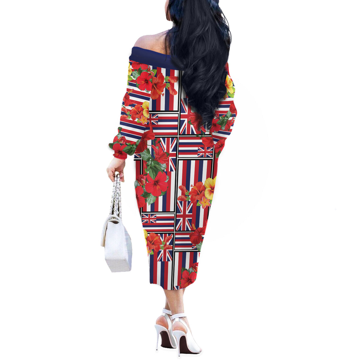 Hawaii Hibiscus Lei Off The Shoulder Long Sleeve Dress Hawaiian Flag Motif