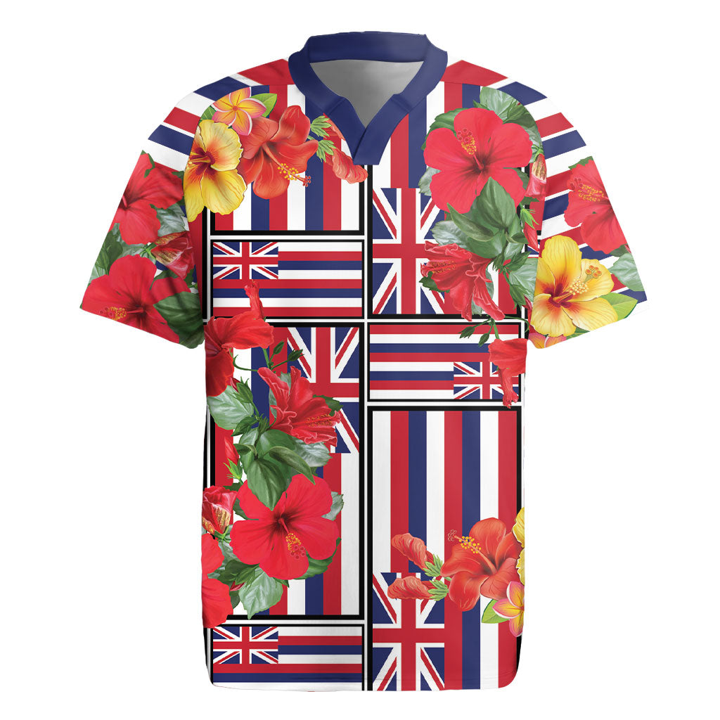 Hawaii Hibiscus Lei Rugby Jersey Hawaiian Flag Motif LT9 Red - Polynesian Pride