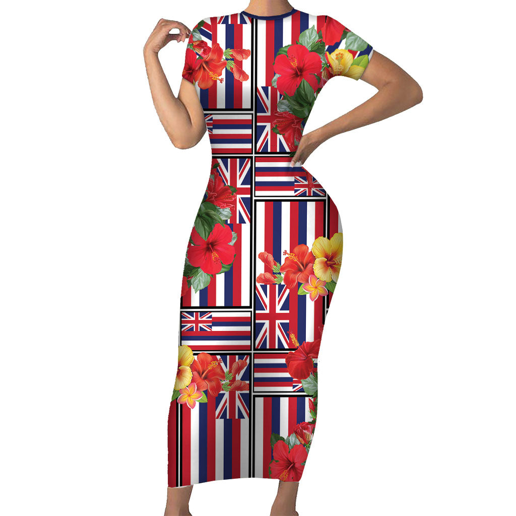 Hawaii Hibiscus Lei Short Sleeve Bodycon Dress Hawaiian Flag Motif LT9 Long Dress Red - Polynesian Pride