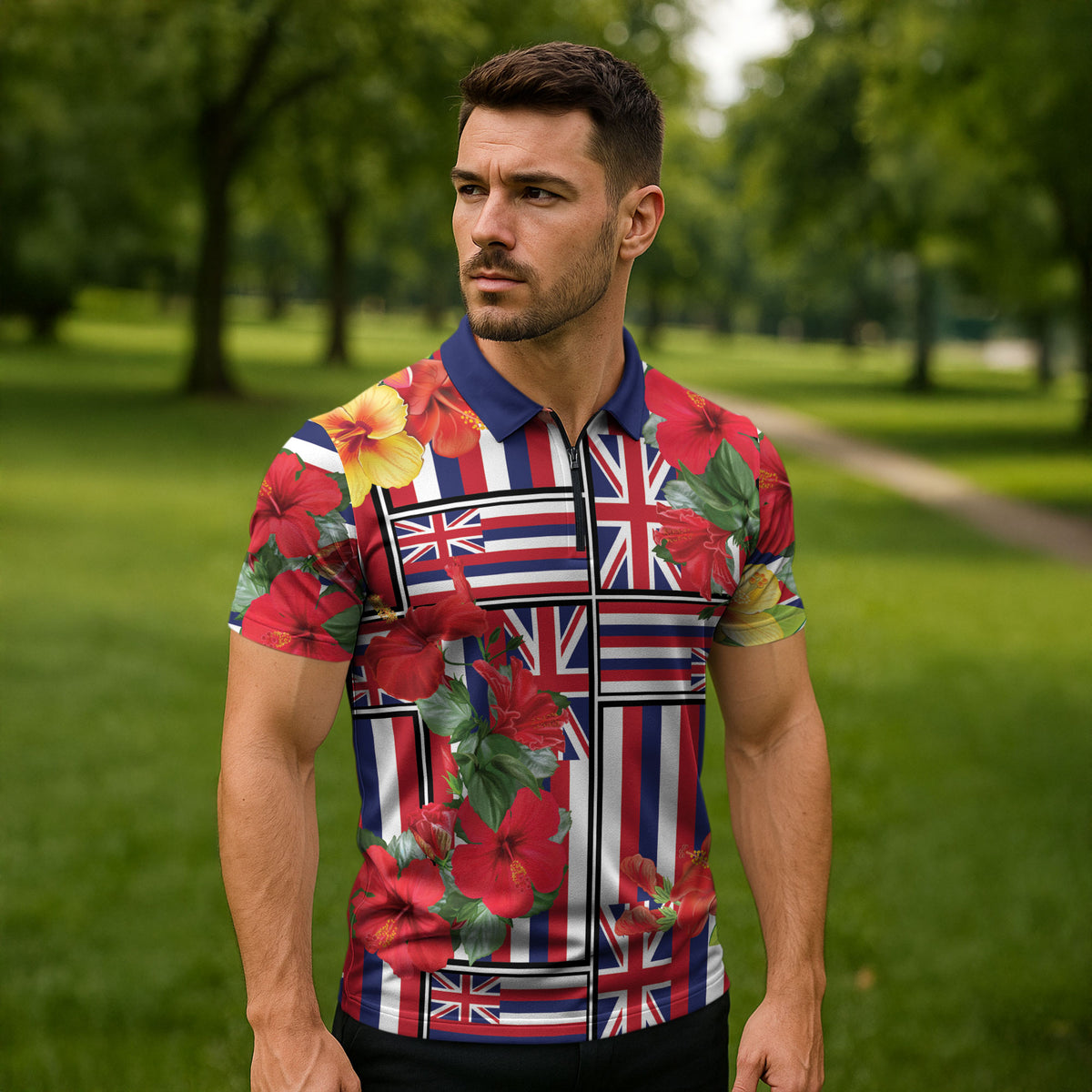 Hawaii Hibiscus Lei Zipper Polo Shirt Hawaiian Flag Motif LT9 - Polynesian Pride