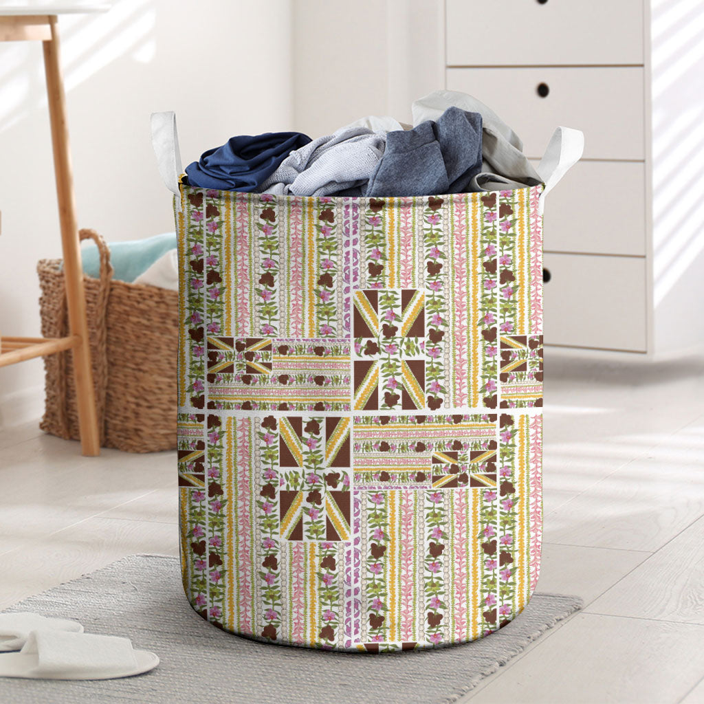 Hawaii Lokelani Pikake Lei Laundry Basket Hawaiian Flag Motif LT9 White - Polynesian Pride